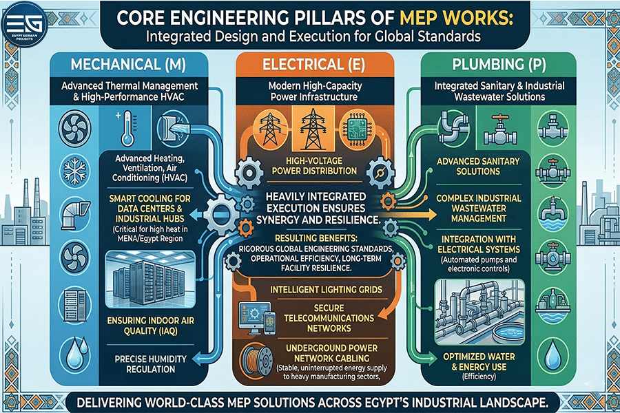 Infographic MEP construction services by Egypt German, mep hvac systems, electrical engineering building design, and plumbing and electrical networks for turnkey industrial projects in Egypt