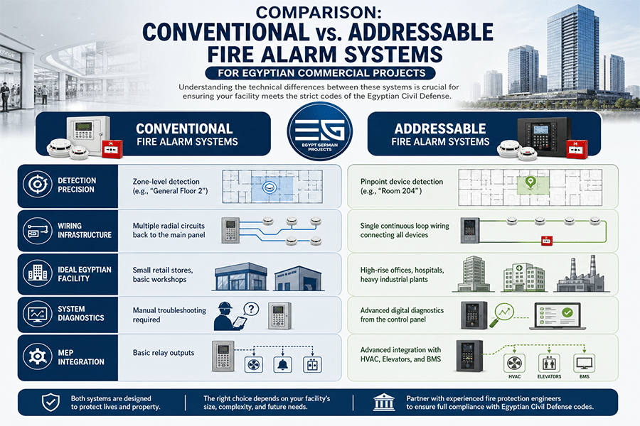 Infographic comparing Conventional vs. Addressable Fire Alarm Systems for Egyptian commercial projects. Highlights differences in detection precision, wiring infrastructure, facility types, diagnostics, and MEP integration