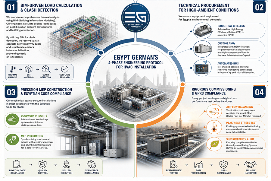 Infographic detailing Egypt German's 4-Phase Engineering Protocol for HVAC installation, covering BIM load calculation, technical procurement, MEP construction, and rigorous commissioning for extreme climates