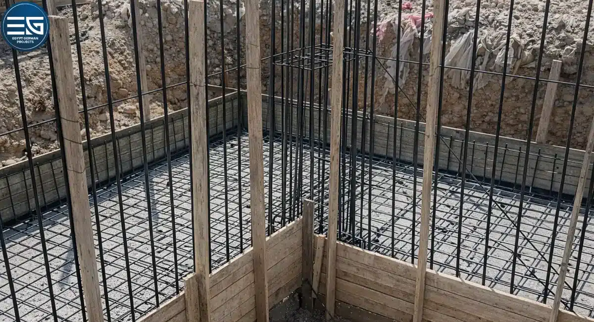 Specialized civil works construction in high-density rocky soil featuring reinforced concrete foundations for the IVECO industrial facility, managed by the expert team at Egypt German.