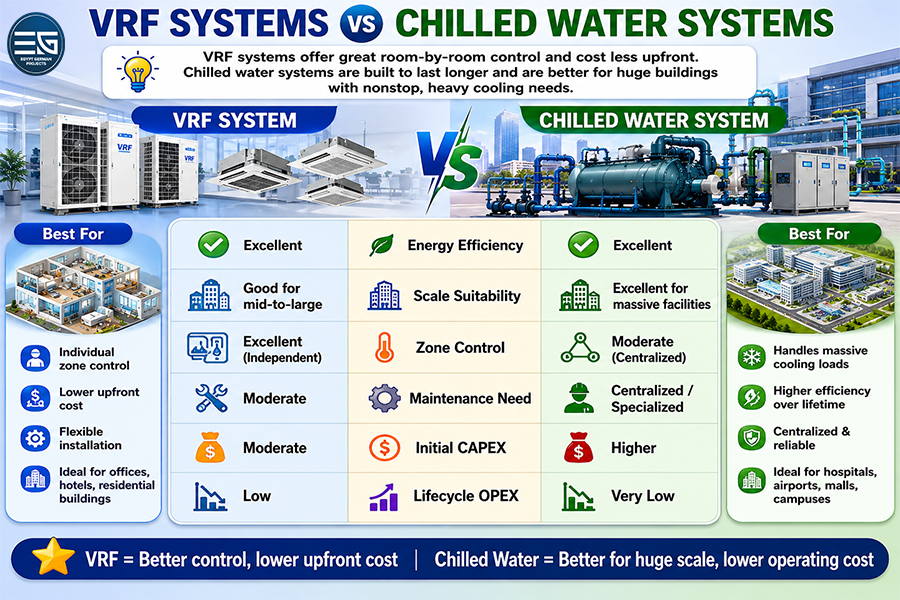 VRF vs chilled water HVAC system comparison chart showing energy efficiency, independent zoning, maintenance needs, installation costs, and long-term operating costs for new construction projects.