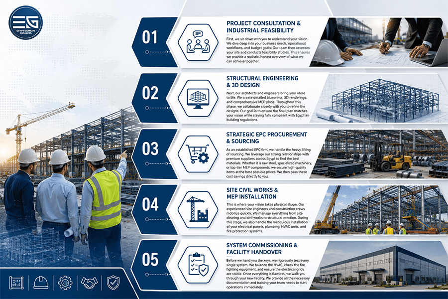Egypt German 5-phase turnkey construction workflow for industrial projects in Egypt: Featuring industrial feasibility, 3D MEP design, EPC sourcing, civil works, and NFPA-compliant system commissioning