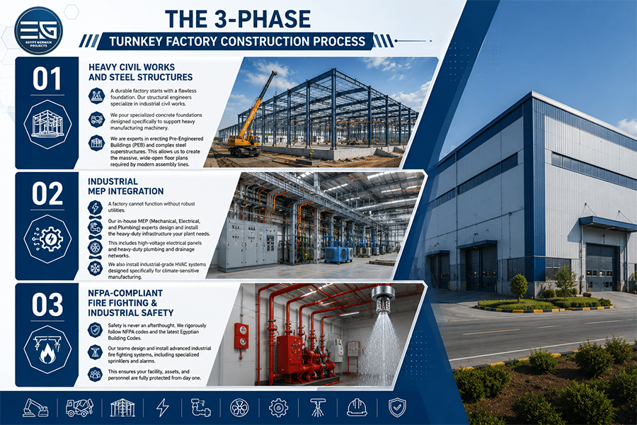 Infographic of the 3-phase turnkey factory construction process in Egypt by Egypt German, showing civil works, MEP integration, and fire safety.