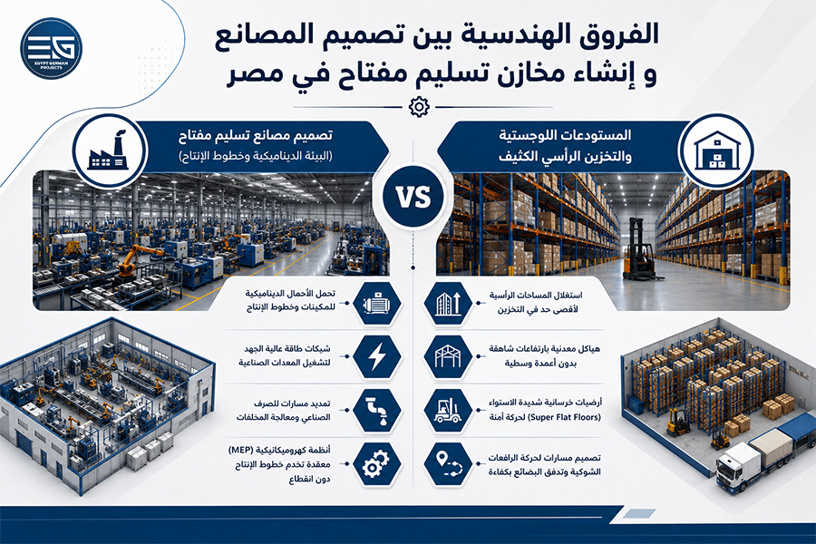 الفروق الهندسية بين تصميم المصانع و إنشاء مخازن تسليم مفتاح في مصر