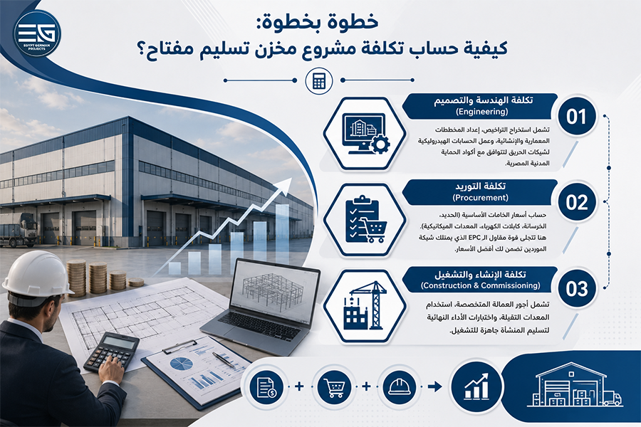 كيفية حساب تكلفة مشروع مخزن تسليم مفتاح خطوة بخطوة مع إيجيبت جيرمان 2026
